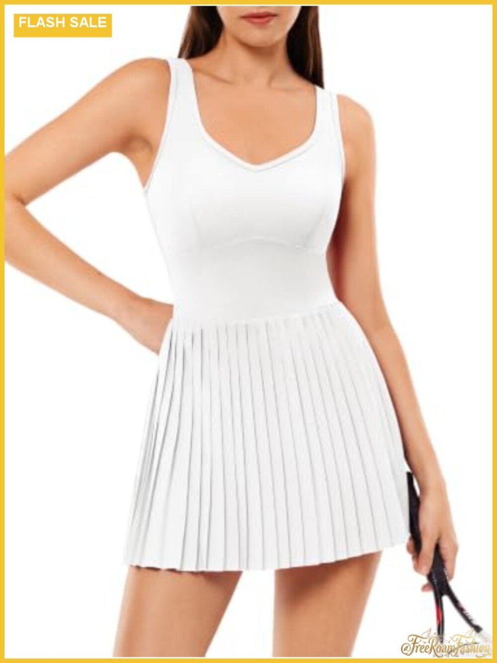 Women's Tennis Dress with Built in Shorts & Bra, Pleated Athletic Dress